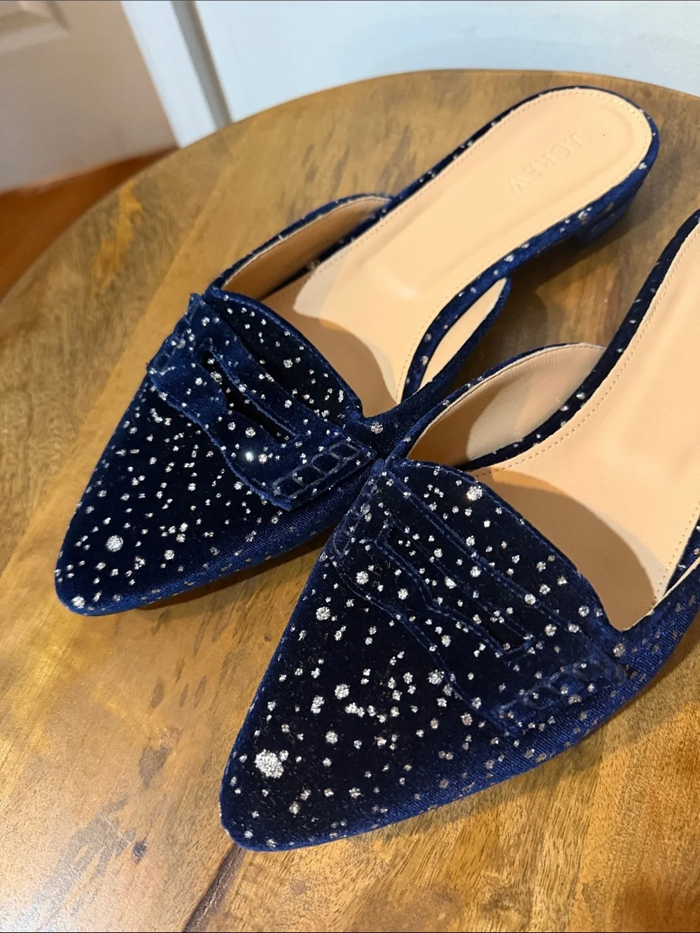 J Crew Blue Velvet Glitter Mules